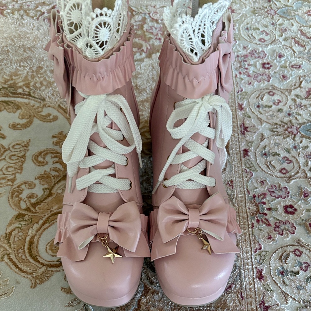 Elegant Pink Ankle Boots with Lace and Bow
